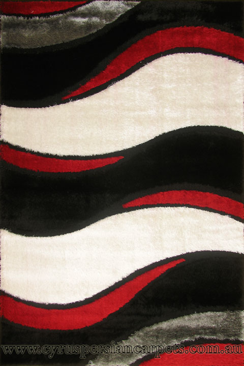 Monte Carlo Wavy Shaggy Rug 1165 Black White Red - Click Image to Close